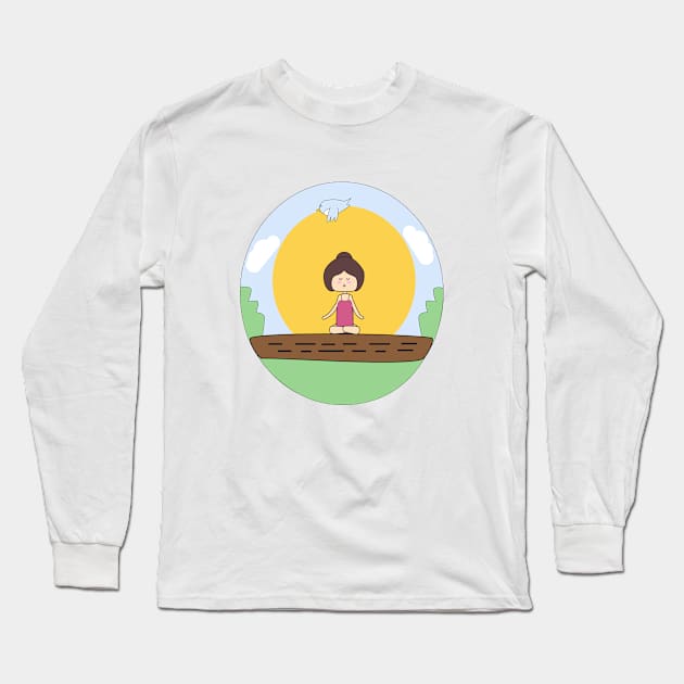 kawaii yoga girl meditating on a tree branch in the nature Long Sleeve T-Shirt by Ralph Hovsepian